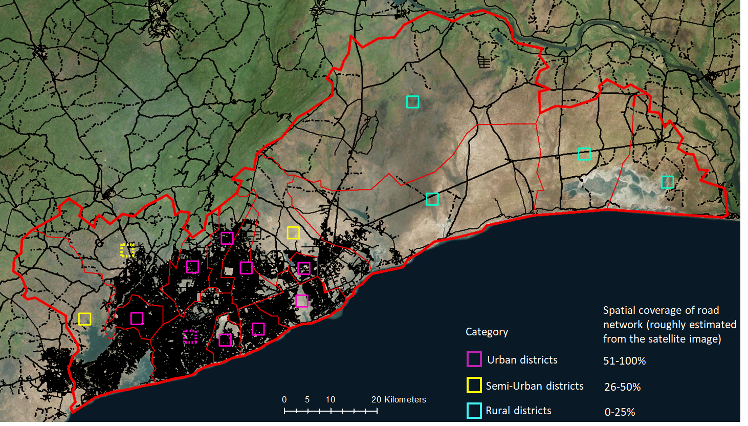 The OSM map of GAMA, with 2km x 2km grids placed at the centre of each district.